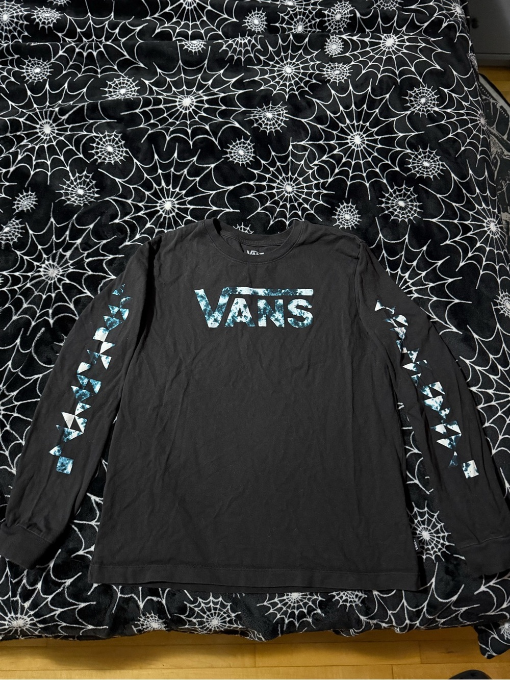 Vans Black Long Sleeve Tee with Teal Marble Logo and Sleeve Accents